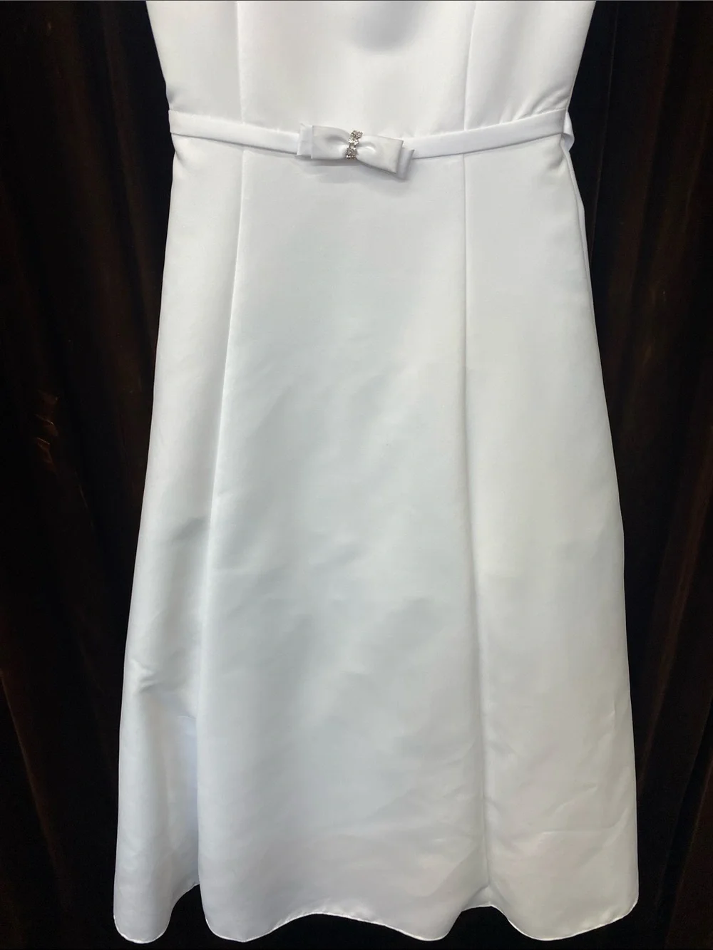 New Without Tag White Satin Sleeveless A-Line Dress with Bow Waist